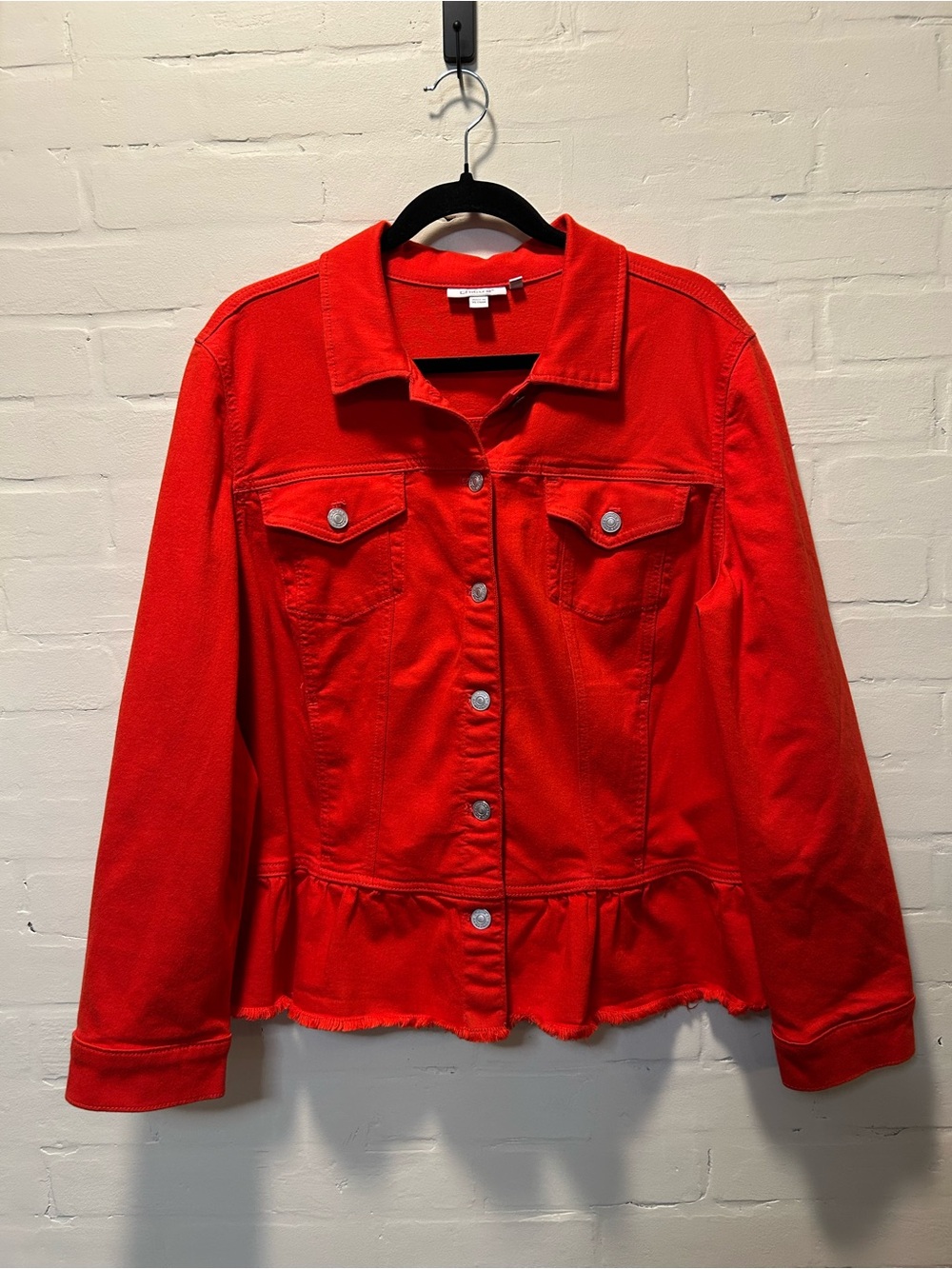 Chico’s Red Stretch Denim Peplum Jacket Size 3 XL
